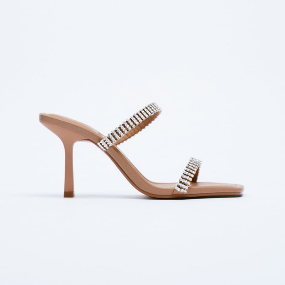NWT Zara Rhinestone Strap Heeled Leather Sandals